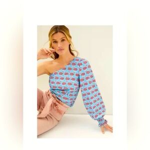 Anthropologie Blue and Pink Floral One-Shoulder Blouse